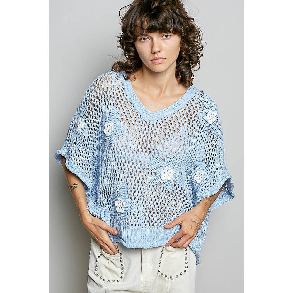 "Bloomin' Filly" Floral Patch Open Sweater Top Black - Picture 3 of 16